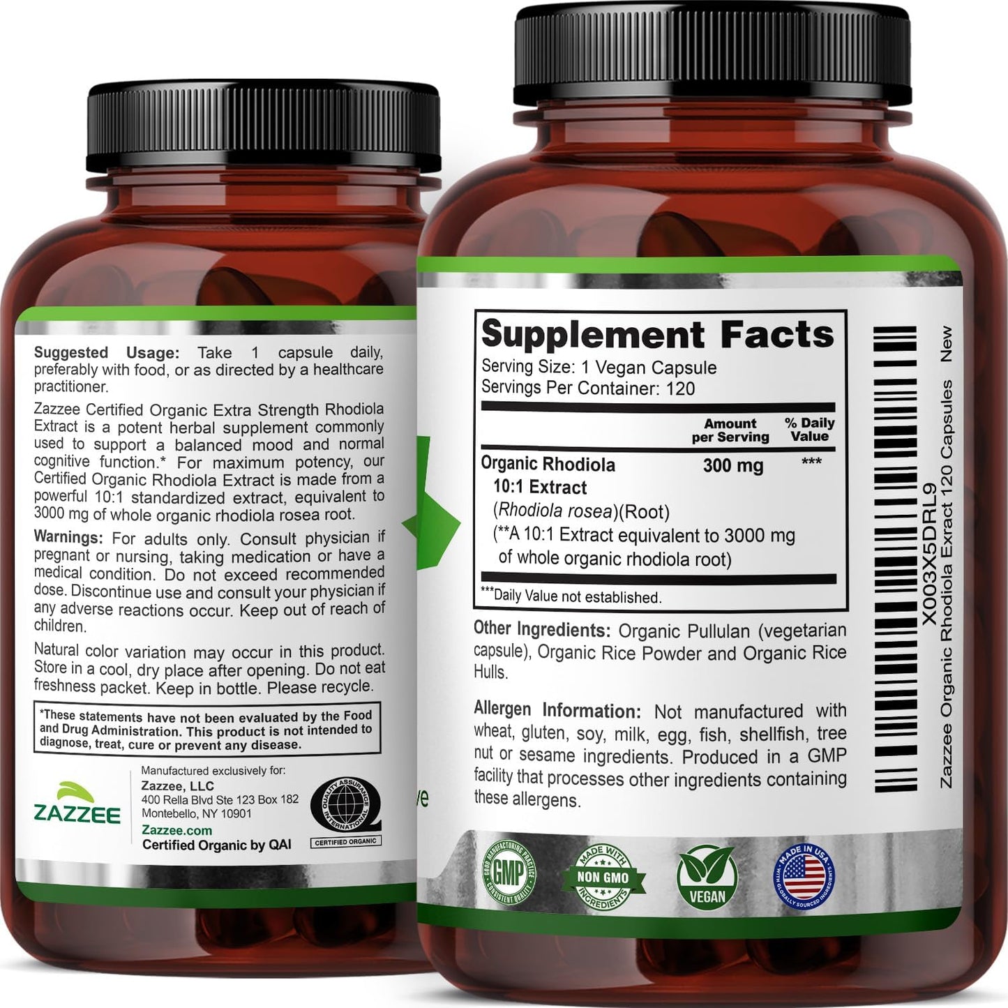 Zazzee USDA Organic Rhodiola 10:1 Extract, 120 Capsules, 4 Month Supply, Rhodiola Rosea, Energy, Stress & Mental Focus Support, Concentrated 10X Extract, All-Natural, Non-GMO, Made in the USA