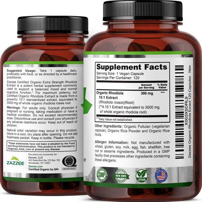 Zazzee USDA Organic Rhodiola 10:1 Extract, 120 Capsules, 4 Month Supply, Rhodiola Rosea, Energy, Stress & Mental Focus Support, Concentrated 10X Extract, All-Natural, Non-GMO, Made in the USA