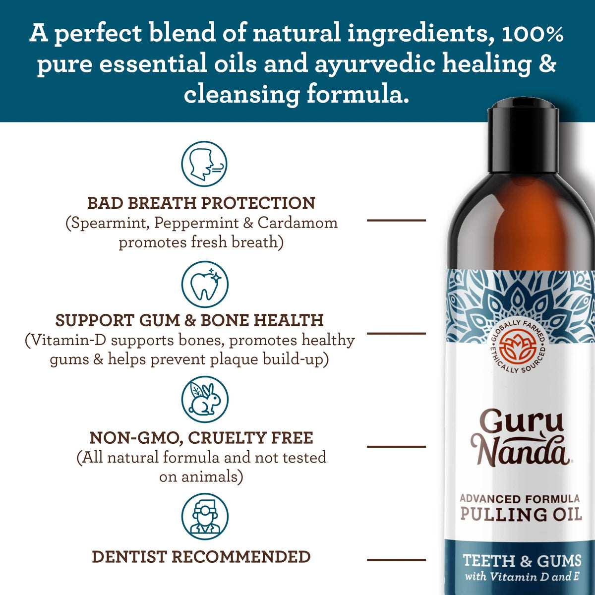GuruNanda Advanced Oil Pulling with Tongue Scraper, Natural Alcohol Free Mouthwash
