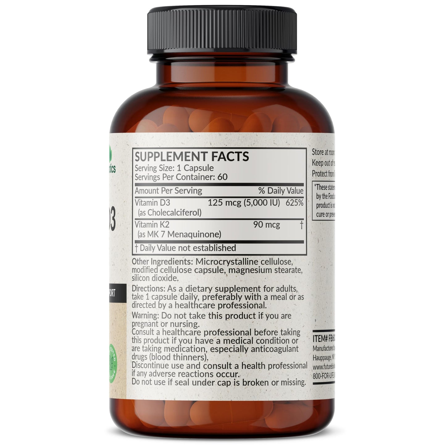 Futurebiotics Vitamin K2 (MK7) with D3 Supplement - Non-GMO Formula - 5000 IU Vitamin D3 & 90 mcg Vitamin K2 MK-7, 120 Vegetarian Capsules