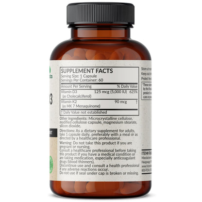 Futurebiotics Vitamin K2 (MK7) with D3 Supplement - Non-GMO Formula - 5000 IU Vitamin D3 & 90 mcg Vitamin K2 MK-7, 120 Vegetarian Capsules