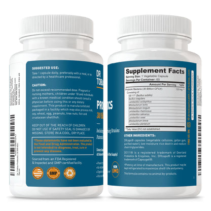 Dr. Tobias Probiotics 30 Billion CFU 30 Capsules | Gut Health Support | Daily Digestive Support | 10 Probiotic Strains | Targeted Release Probiotics for Women & Men | Shelf Stable | 30 Servings
