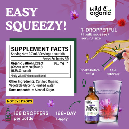 Wild & Organic Saffron Supplements 88.5 mg - Mood, Focus & Eye Support - Saffron Extract Liquid Drops - Add to Tea - 5-Month Supply - Crocus Sativus Herb - Vegan, Sugar & Alcohol-Free Tincture - 4 oz