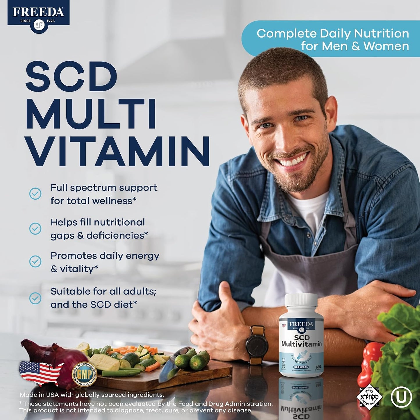 FREEDA SCD Multivitamin – Daily Multivitamin Supplement for Men & Women – Vegan, Gluten-Free, SCD Legal – Kosher Certified Adult Vitamins – Specific Carbohydrate Diet Friendly – 180 Capsules | SCD Legal Formula with Essential Vitamins & Minerals for Men a