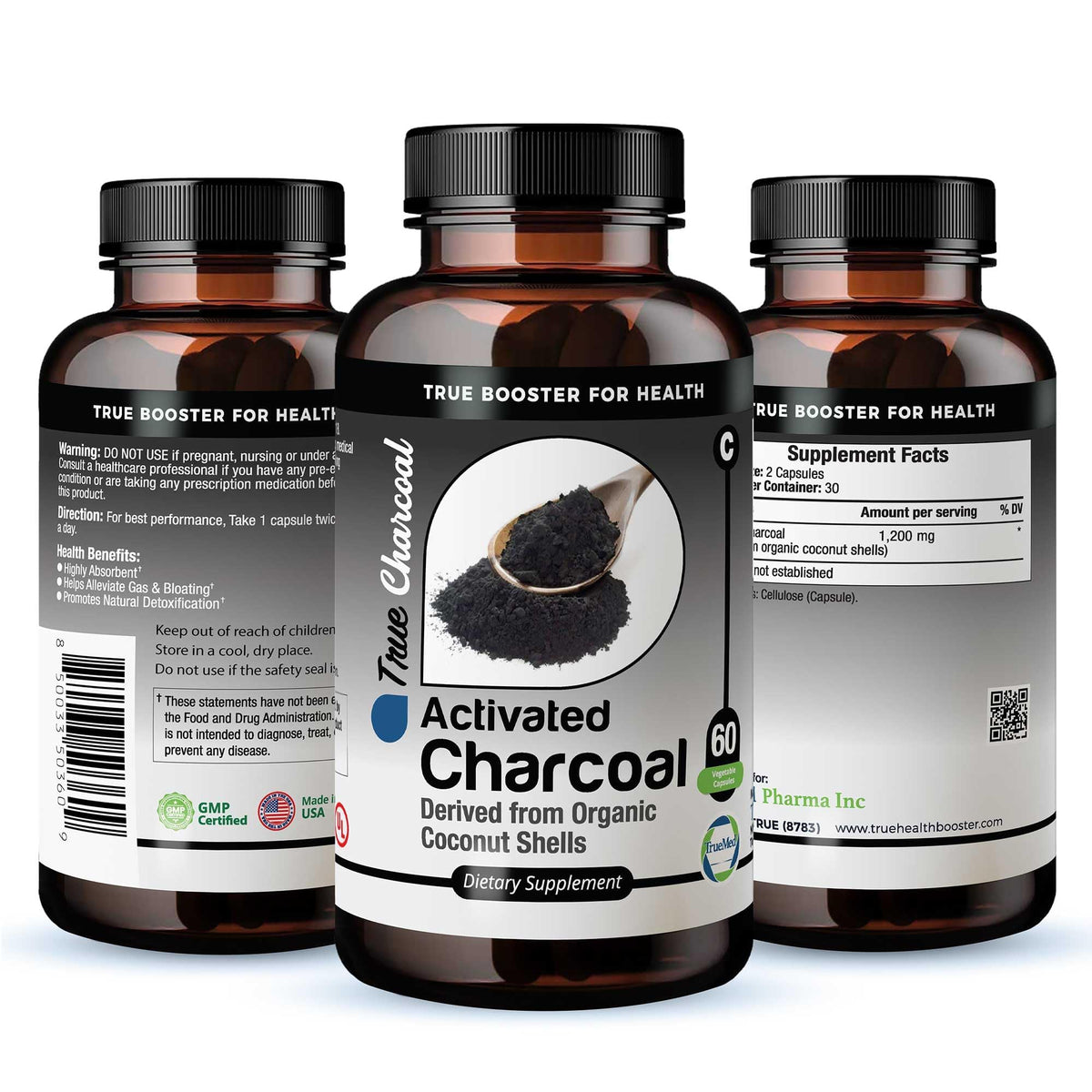 TRUEMED Activated Charcoal - 1200 mg - 60 Capsules - from Organic Coconut Shells