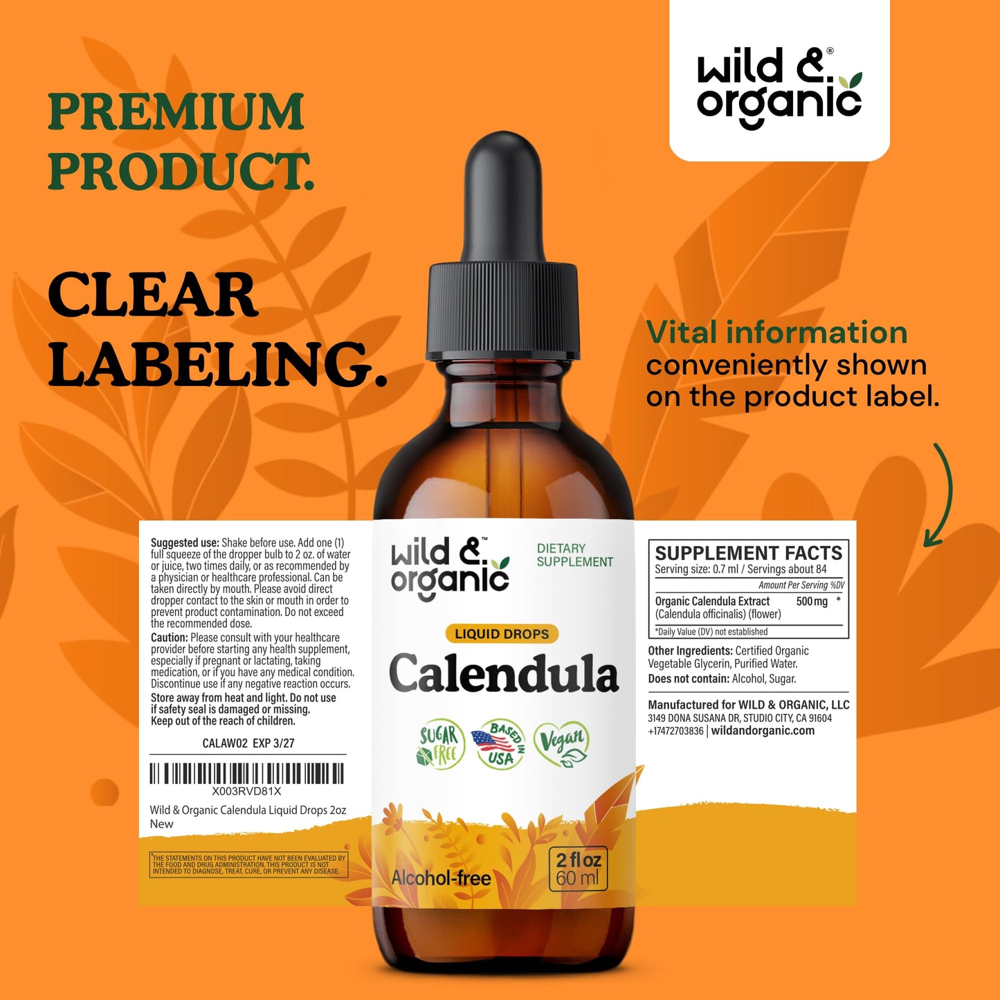 Wild & Organic Calendula Flowers Supplement - Antioxidant, Immune & Skin Support - Add to Tea Extract Drops - Calendula Herb Tincture - Vegan, Alcohol & Sugar-Free - 4 fl oz