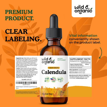 Wild & Organic Calendula Flowers Supplement - Antioxidant, Immune & Skin Support - Add to Tea Extract Drops - Calendula Herb Tincture - Vegan, Alcohol & Sugar-Free - 4 fl oz
