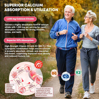 (2 Pack) Calcium Citrate Gummies 1200 mg with Vitamin D3, K2 for Bone, Muscle & Immune Support, High Absorption Chewable Calcium Supplements for Women & Men, Sugar Free, Vegan, Peach Flavor, 60 Chews