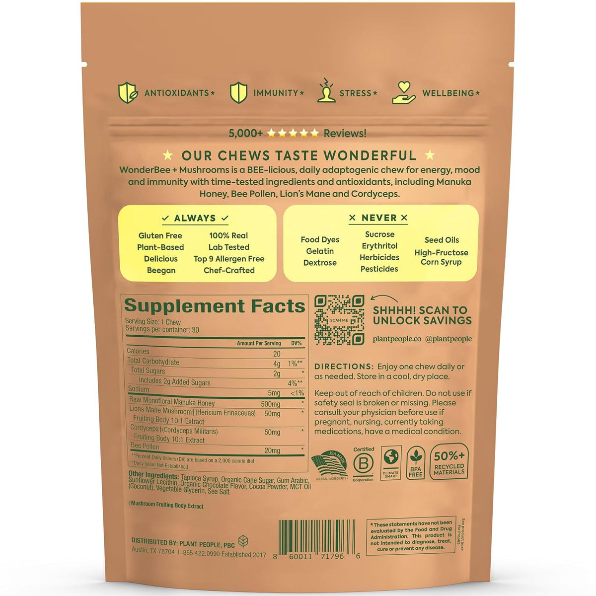 Plant People WonderBee Super Mushroom Manuka Honey Chews 30ct