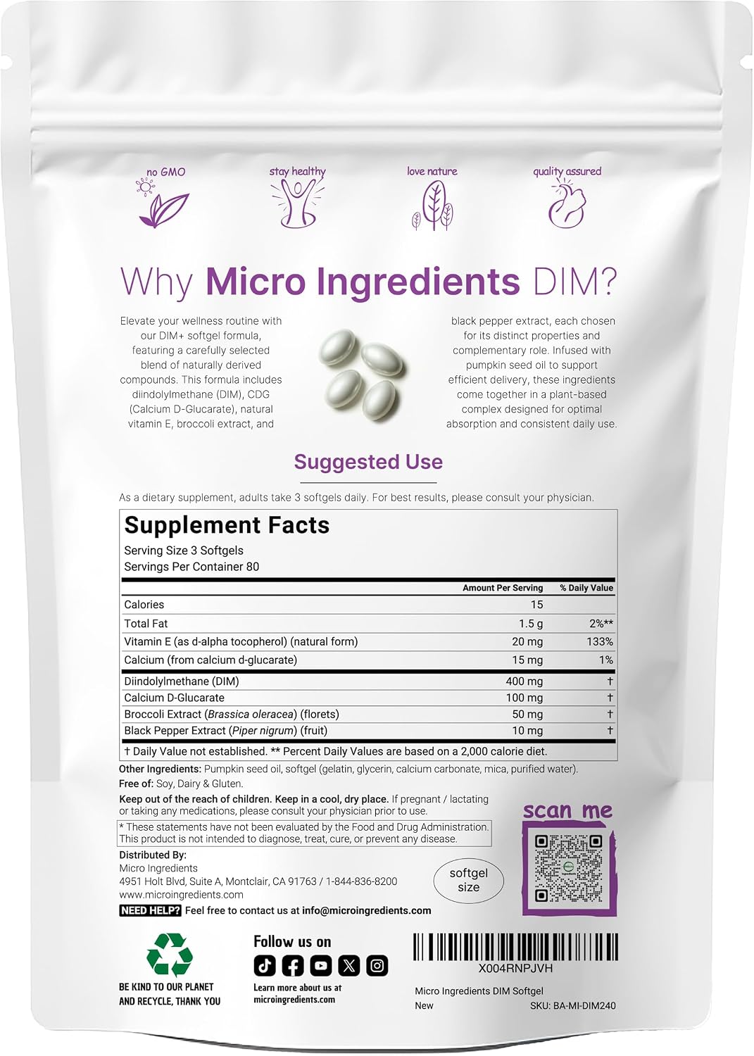 Micro Ingredients DIM+ Supplement 400mg for Men & Women | 240 Softgels with Pumpkin Seed Oil | Highly Bioavailable 7-in-1 Complex with Vitamin E, CDG, Broccoli & Black Pepper Extract