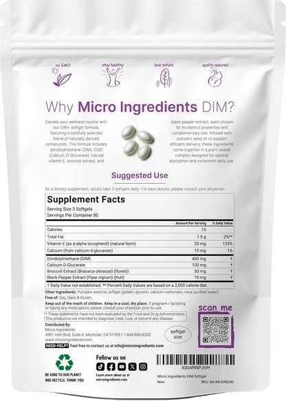 Micro Ingredients DIM+ Supplement 400mg for Men & Women | 240 Softgels with Pumpkin Seed Oil | Highly Bioavailable 7-in-1 Complex with Vitamin E, CDG, Broccoli & Black Pepper Extract