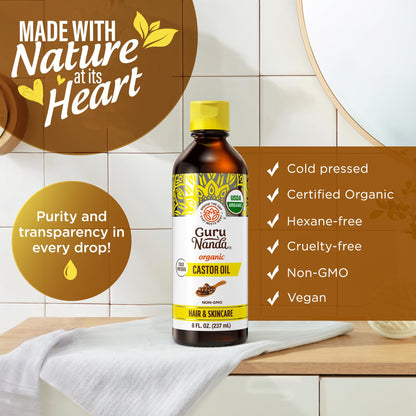 GuruNanda Castor Oil USDA Certified Organic, Pure & Natural, 8 fl oz