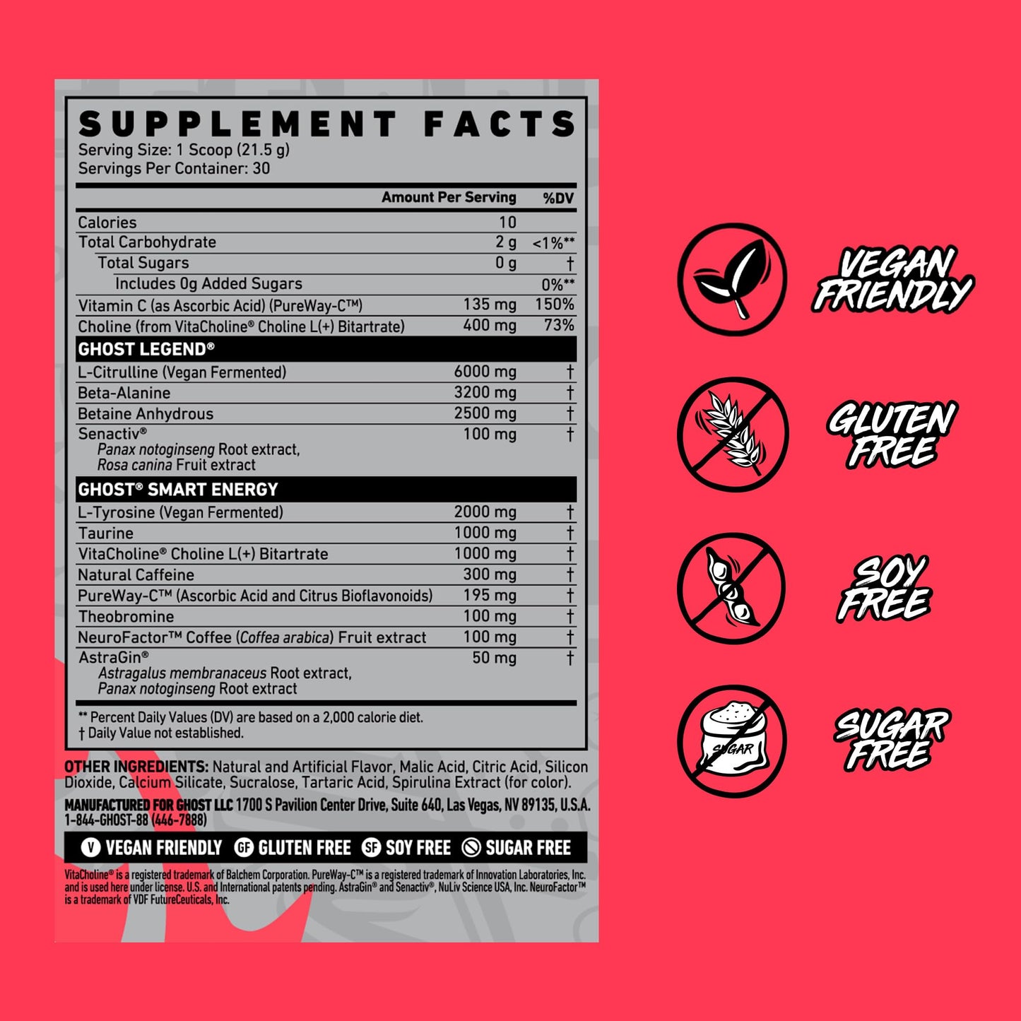 GHOST Legend Pre Workout Powder, Sonic Cherry Limeade - 30 Servings – Pre-Workout for Men & Women with Choline, L-Citrulline, & Beta Alanine for Energy & Focus