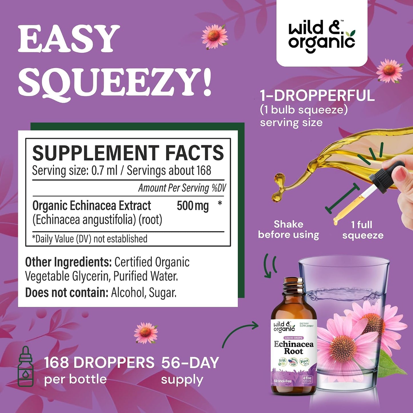 Wild & Organic Echinacea Drops - Immune & Lymphatic Drainage Drops - Liquid Echinacea Supplement - Add to Tea Tincture - Angustifolia Herb Extract - Vegan, Sugar & Alcohol-Free - 4 fl oz