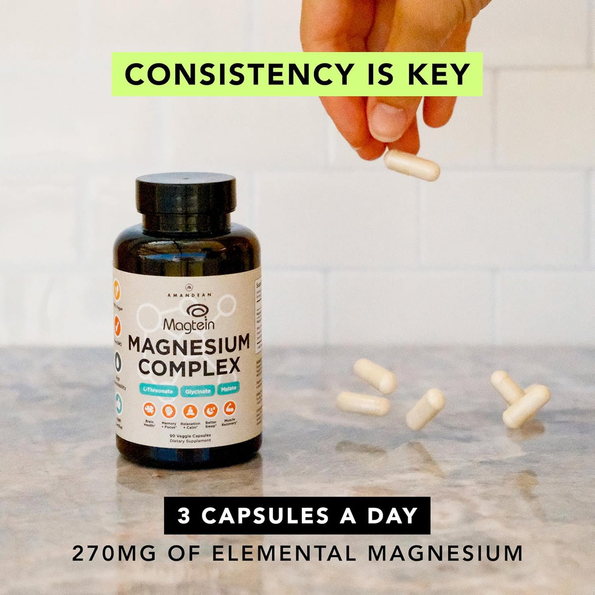 AMANDEAN Magtein Magnesium Complex: L-Threonate, Glycinate, Malate, 90ct