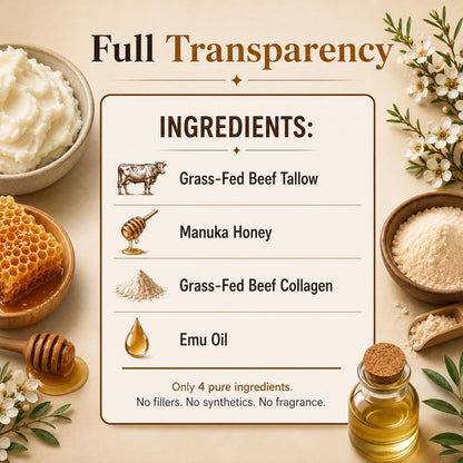 Beef Tallow Cream for Face and Body, Grass Fed Tallow Moisturizer with Manuka Honey, Collagen and Emu Oil, Unscented Handmade Skin Cream for Dry Skin, 2 fl oz