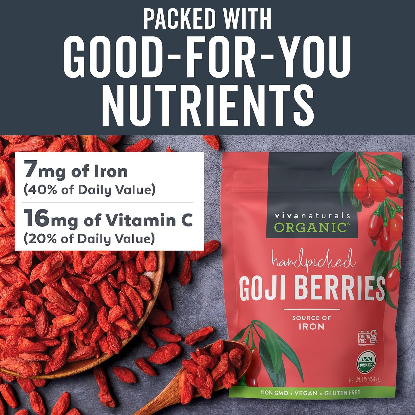 Viva Naturals Organic Dried Goji Berries, 1 lb (454 g) – Non-GMO, Vegan Wolfberries, Perfect for Goji Berry Tea, Smoothies, Baking & Snacking
