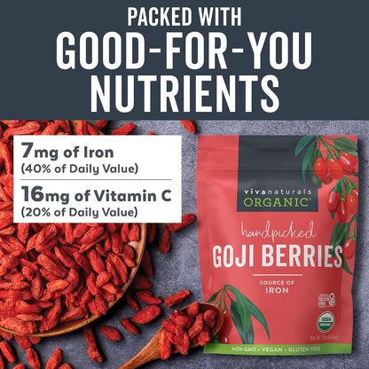 Viva Naturals Organic Dried Goji Berries, 1 lb (454 g) – Non-GMO, Vegan Wolfberries, Perfect for Goji Berry Tea, Smoothies, Baking & Snacking