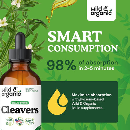Wild & Organic Cleavers Lymphatic Drainage Drops - Cleavers Herb for Natural Detox Support - Add to Tea Tincture - Galium Aparine Leaf Extract Supplement - Vegan, Sugar & Alcohol-Free - 4 fl oz
