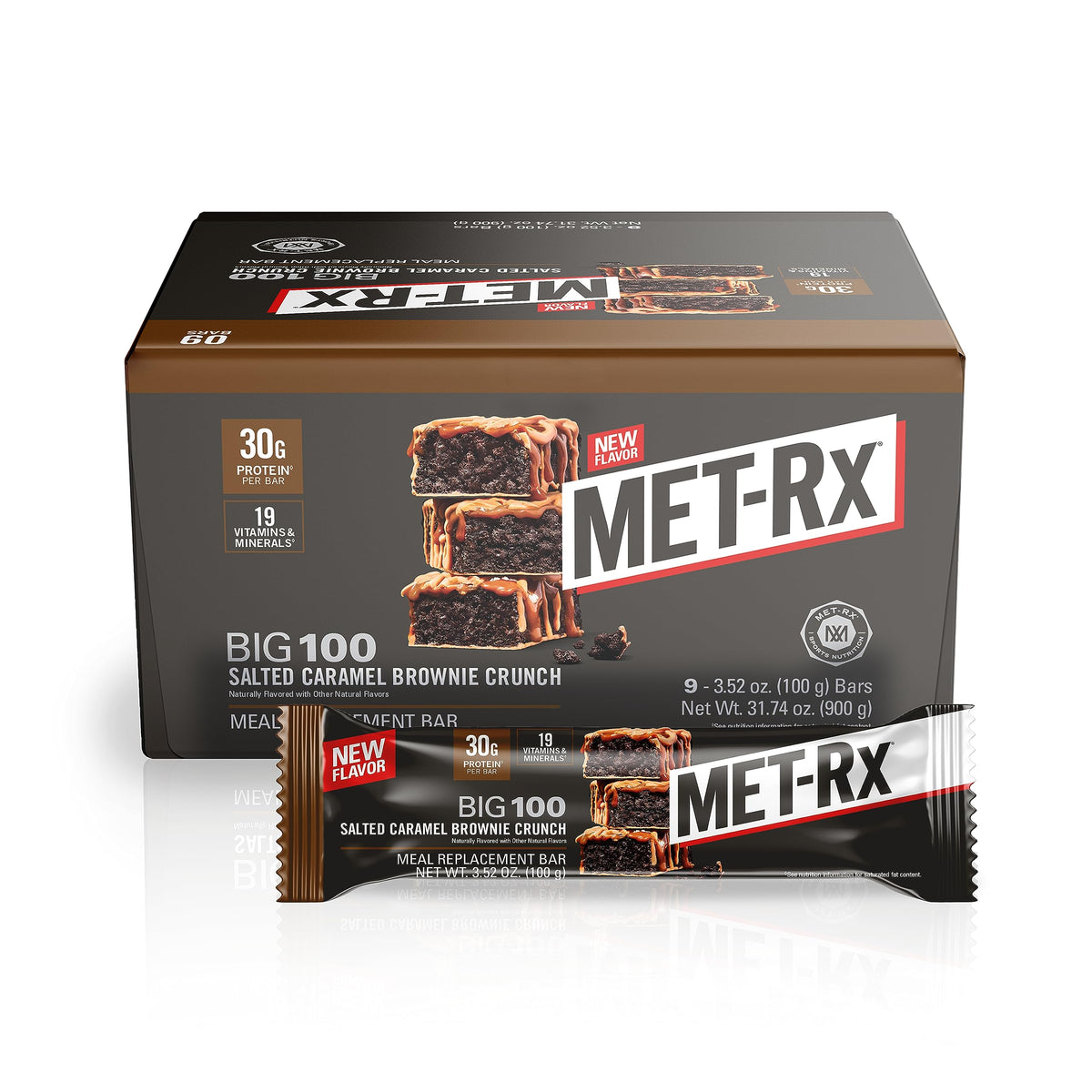 MET-Rx Big 100 Protein Bar, Meal Replacement Bar, 30G Protein, Salted Caramel Brownie 