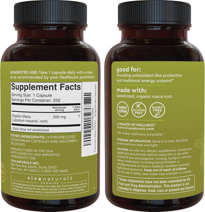 Viva Naturals Peruvian Maca Root Supplement for Women & Men, 500mg - Traditionally Used for Energy, Stamina & Endurance - 250 Yellow Maca Root Powder Capsules, Gelatinized for Easier Digestion
