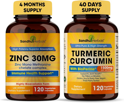 Sandhu Herbals Zinc 30 mg and Organic Turmeric Curcumin with Bioperine Black Pepper Extract | Supports Healthy Skin, Immune System, Joint & Healthy Inflammatory Support | Non-GMO, Made in USA