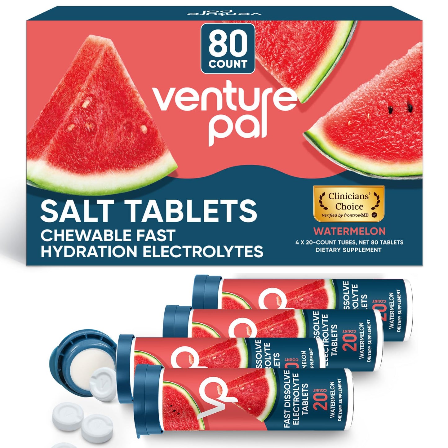 Venture Pal Chewable Electrolyte Tablets, 80 Count, Fast-Dissolve, Variety | Sugar Free Stick Salt Tablets, Gluten Free, Variety Pack for Rapid Hydration, Hiking, Outdoor Running, Keto & Vegan Friendly