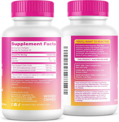 Pink Stork Omega 3 Fish Oil Supplements for Women, 60 Softgels | DHA + EPA, High Potency, Burpless, Mental Clarity, Cognitive Health, Fetal Brain + Nervous System Development, 2 Month Supply