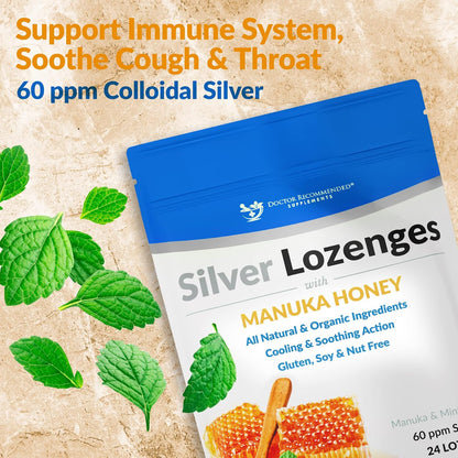 Silver Lozenges with Organic Manuka Honey and Vitamin C - All-Natural Nano Silver 45-50mcg of 60 PPM Colloidal Silver Mineral Drops to Support Immune System, Soothe, Cool Cough & Throat, 24-Lozenges