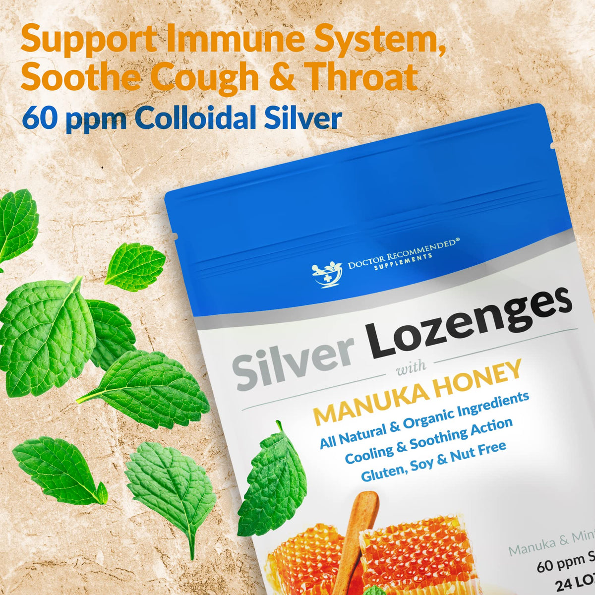 Silver Lozenges with Organic Manuka Honey and Vitamin C - All-Natural Nano Silver 45-50mcg of 60 PPM Colloidal Silver Mineral Drops to Support Immune System, Soothe, Cool Cough & Throat, 24-Lozenges