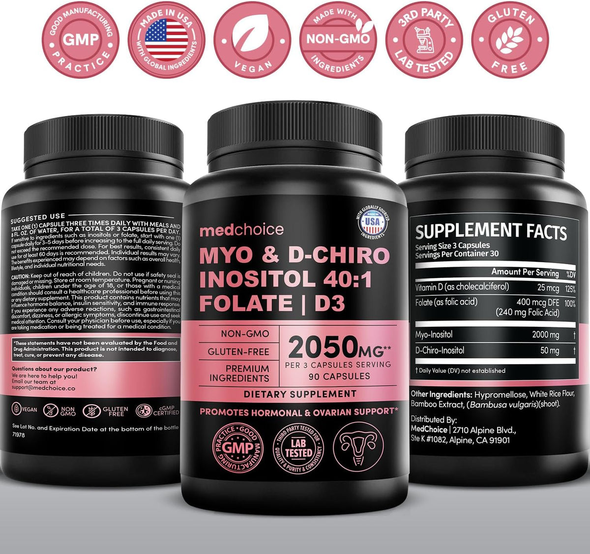 MEDCHOICE Myo-Inositol 40:1 Supplement with Folate & Vitamin D3, 90ct