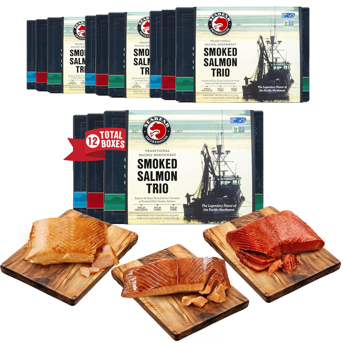 SeaBear Smoked Salmon Trio 18oz (3 x 6oz) Fillets Gift Box – Wild Alaska Sockeye, Wild Pink & Coho Fillets, Shelf Stable, Ready to Eat, 18 Ounce (3 x 6 Ounce) Filets