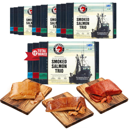 SeaBear Smoked Salmon Trio 18oz (3 x 6oz) Fillets Gift Box – Wild Alaska Sockeye, Wild Pink & Coho Fillets, Shelf Stable, Ready to Eat, 18 Ounce (3 x 6 Ounce) Filets