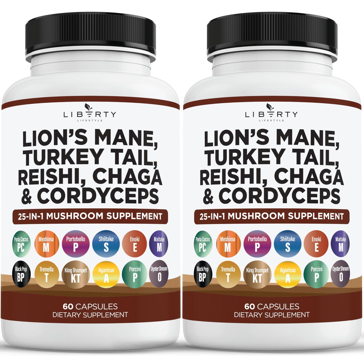 Liberty Lifestyle Lions Mane Mushroom Supplement with Turkey Tail Reishi Cordyceps Chaga with Marshmallow Root - 2-Pack