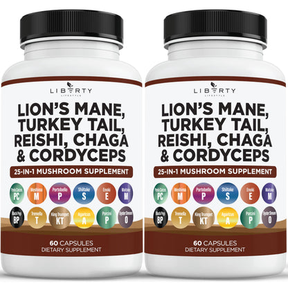 Liberty Lifestyle Lions Mane Mushroom Supplement with Turkey Tail Reishi Cordyceps Chaga with Marshmallow Root - 2-Pack