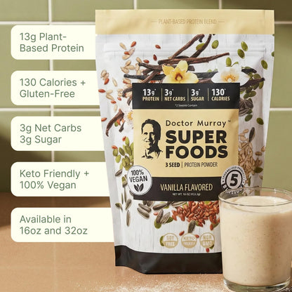 Dr. Murray's Super Foods 3 Seed Protein Powder - Pumpkin Flax Sunflower | Vegan Plant Protein | No Artificial Additives | GMP Certified | Unflavored, 1 lb.