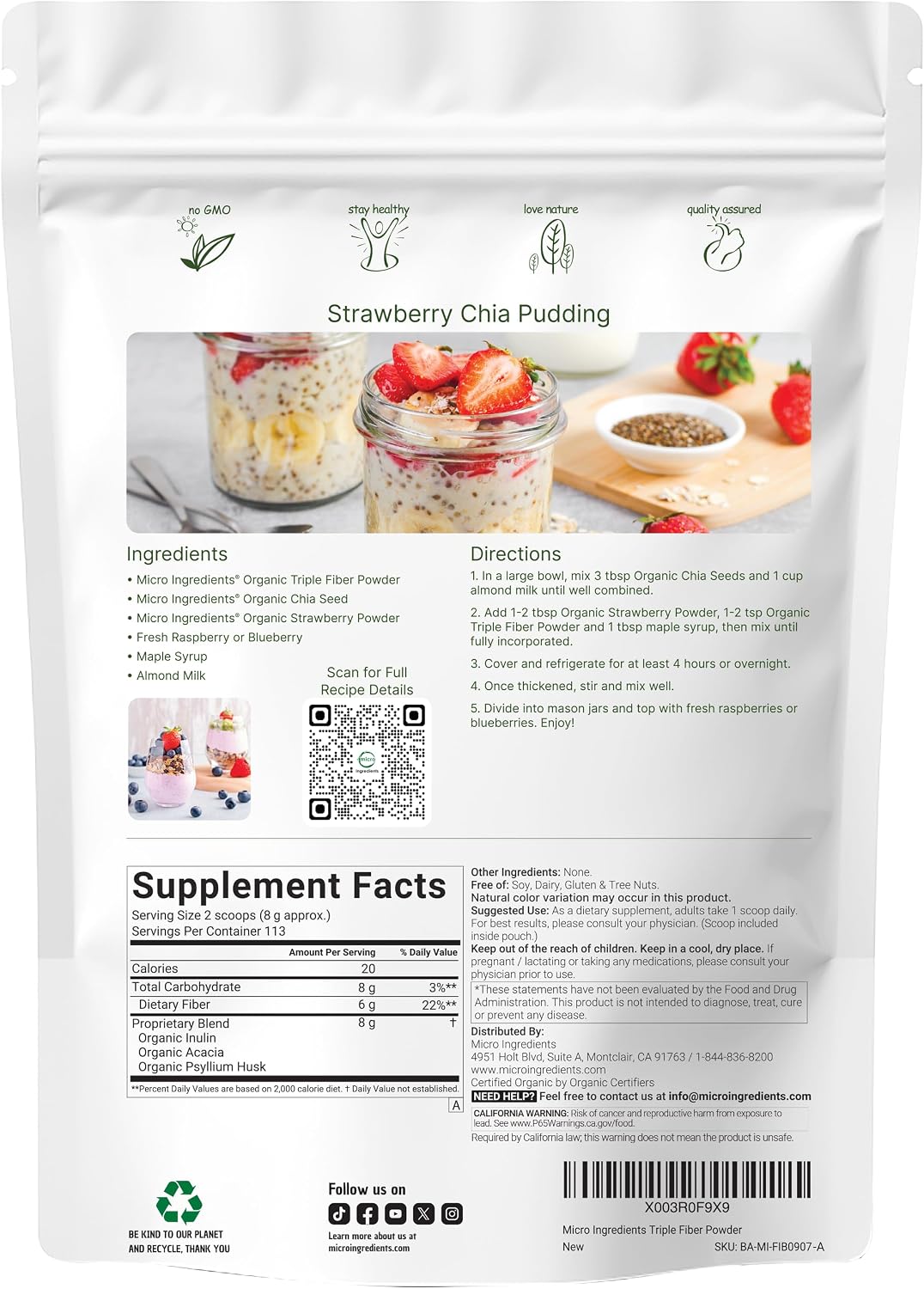 Micro Ingredients Organic Triple Fiber Powder, 2lb | Natural Prebiotic to Support Digestive & Gut Health | Soluble, Easily Digestible | Unflavored, Vegan