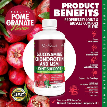 Liquid Glucosamine Chondroitin MSM Pharmaceutical Grade Supplement with Hyaluronic Acid – Maximum Strength Joint Support - 32 fl oz
