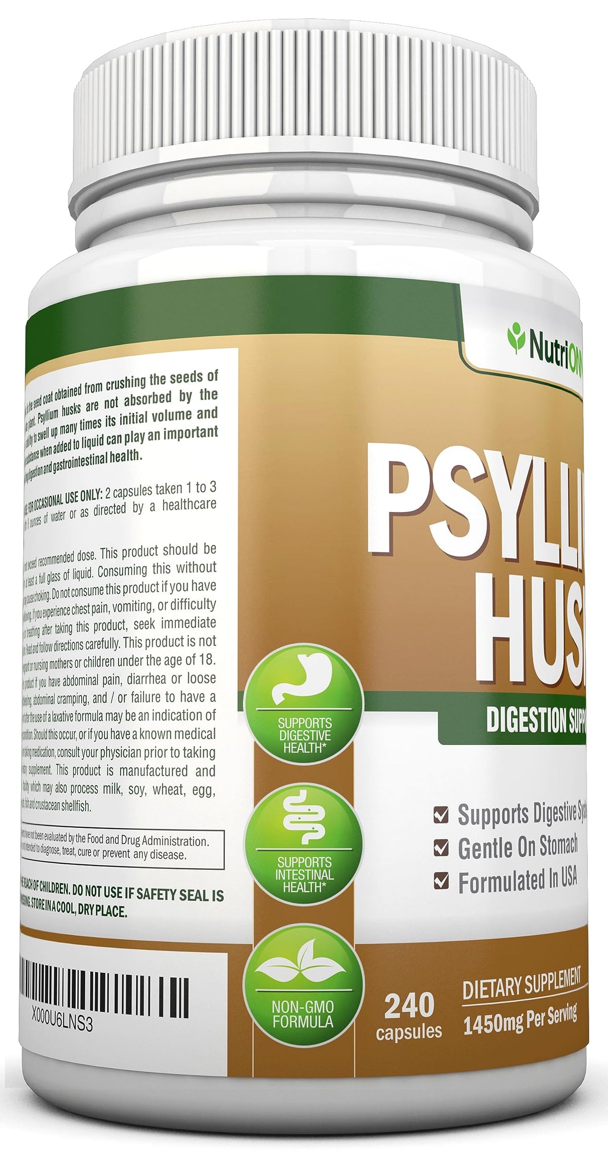 NutriONN PSYLLIUM Husk Capsules - 1450mg Per Serving - 240 Capsules - Double Strength