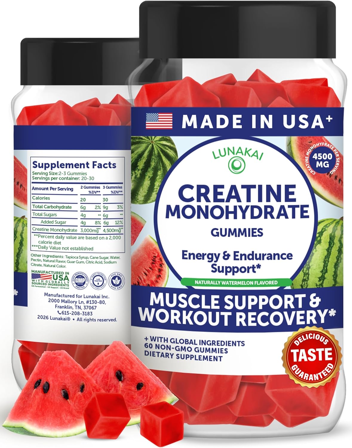 Lunakai USA Made Creatine Monohydrate Gummies for Women & Men – Vegan Creatine Gummies for Muscle & Recovery Support – Pre Workout Supplement, 60ct