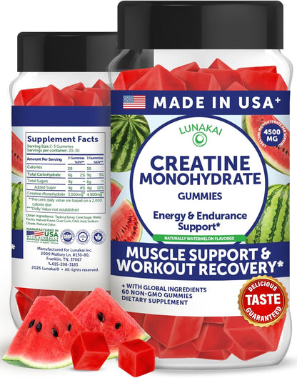 Lunakai USA Made Creatine Monohydrate Gummies for Women & Men – Vegan Creatine Gummies for Muscle & Recovery Support – Pre Workout Supplement, 60ct