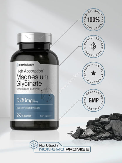 Horbaach Magnesium Glycinate 1330mg | 250 Capsules | Buffered with Chelated Minerals | 240 mg per Serving | Non-GMO, Gluten Free Supplement