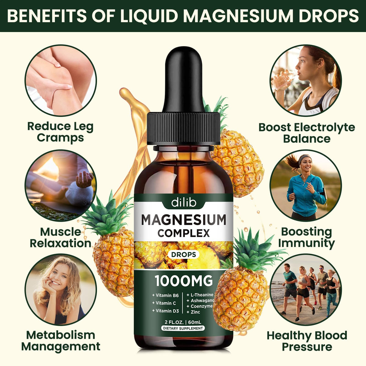 Triple Magnesium Complex Supplement, Magnesium Glycinate, Blend, Citrate Liquid Drops 1000mg with Ashwagandha, CoQ10, Vitamin B6, C, D, Zinc -Support Calm Stress Relief, Bone, Muscle, Mood Vegan