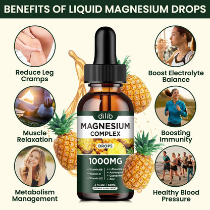Triple Magnesium Complex Supplement, Magnesium Glycinate, Blend, Citrate Liquid Drops 1000mg with Ashwagandha, CoQ10, Vitamin B6, C, D, Zinc -Support Calm Stress Relief, Bone, Muscle, Mood Vegan