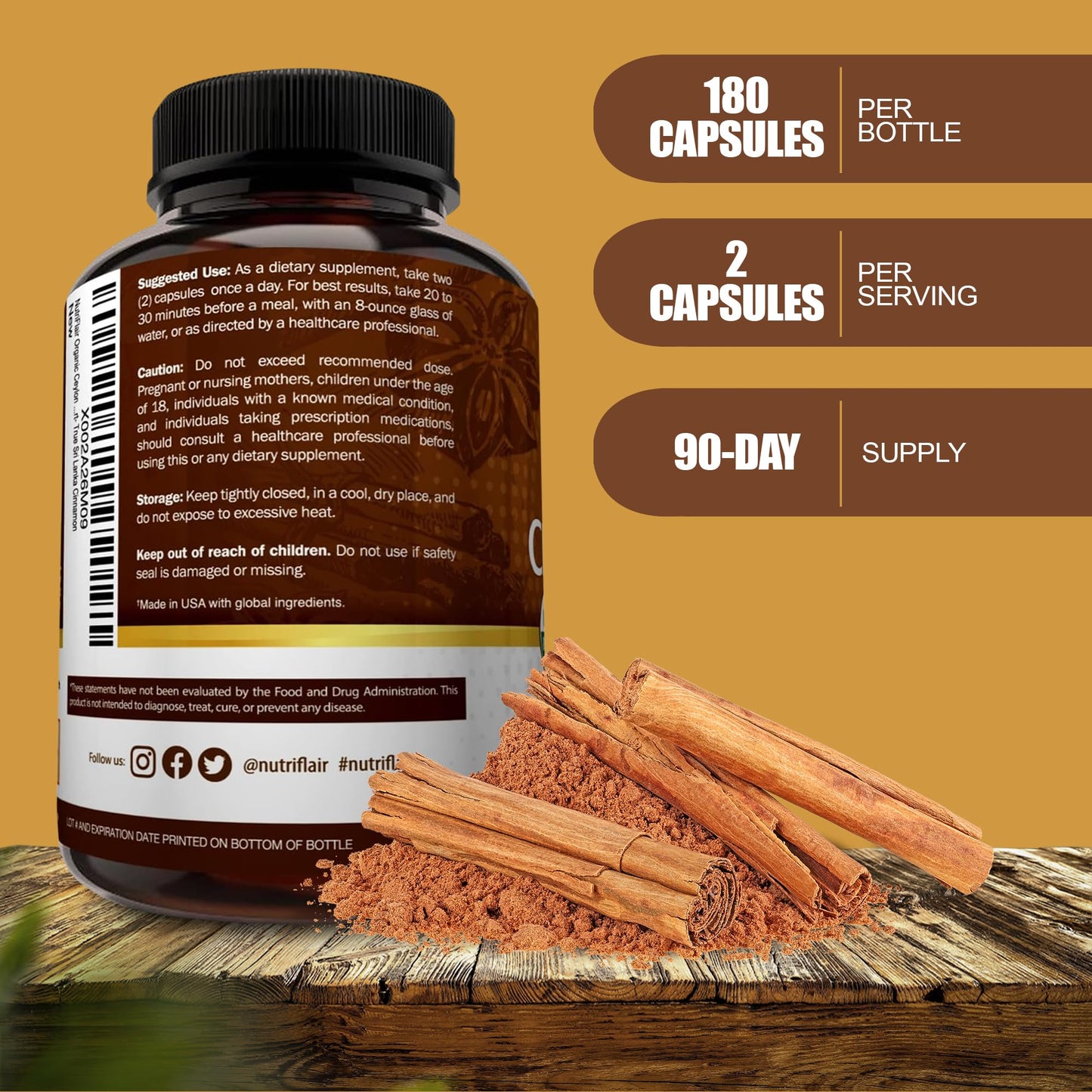 NutriFlair Organic Ceylon Cinnamon Supplement 1200mg, 120 Capsules - USDA Certified - Non-GMO, Gluten Free Powder, Antioxidant Pills