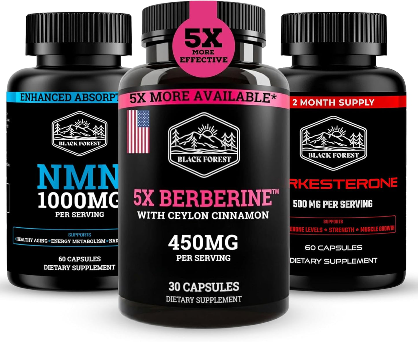 Black Forest NMN 1000mg Turkesterone 500mg and 5X Berberine Wellness Performance Bundle for Energy Strength Metabolic Support
