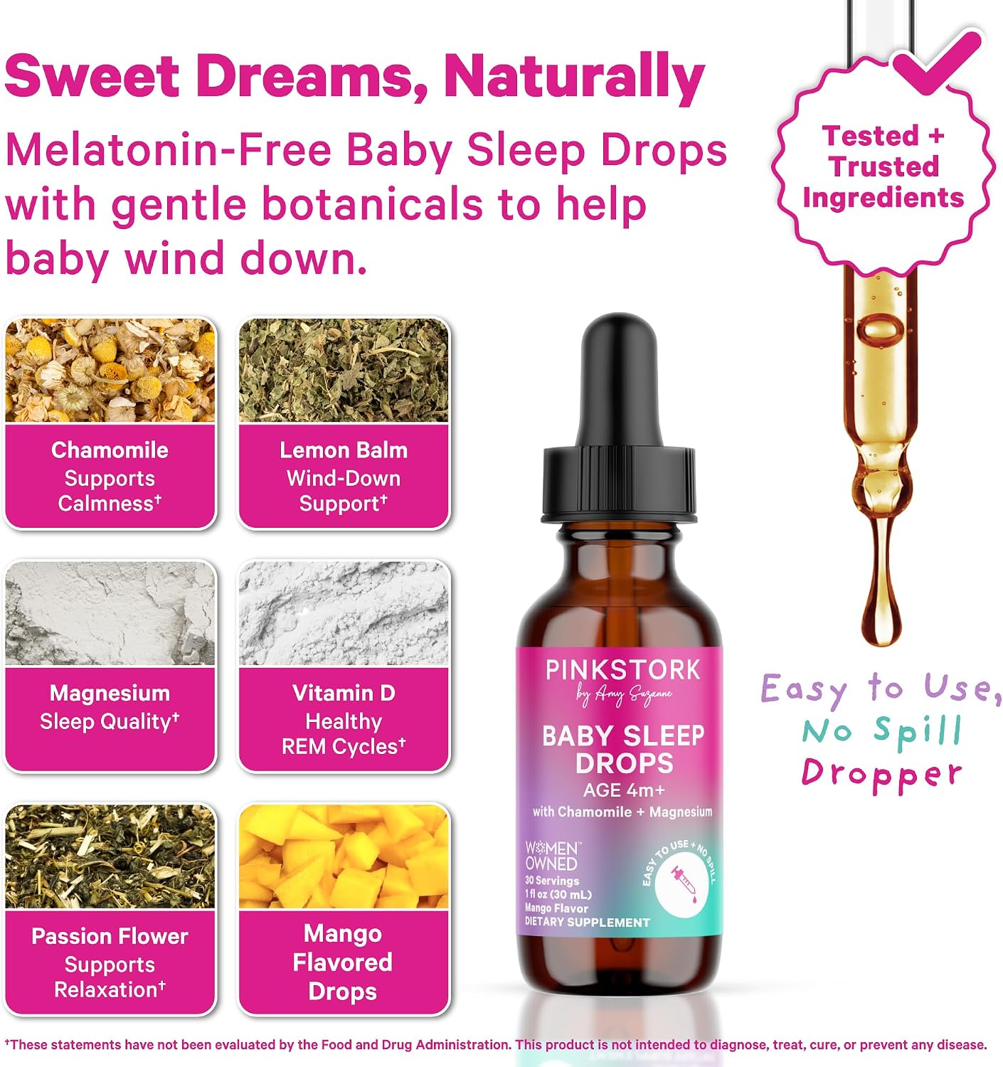 Pink Stork Baby Sleep Drops for Infants and Kids, Melatonin-Free, 1 oz | Naturally Support Sleep, Non-Habit Forming, Chamomile and Magnesium, 30 Servings