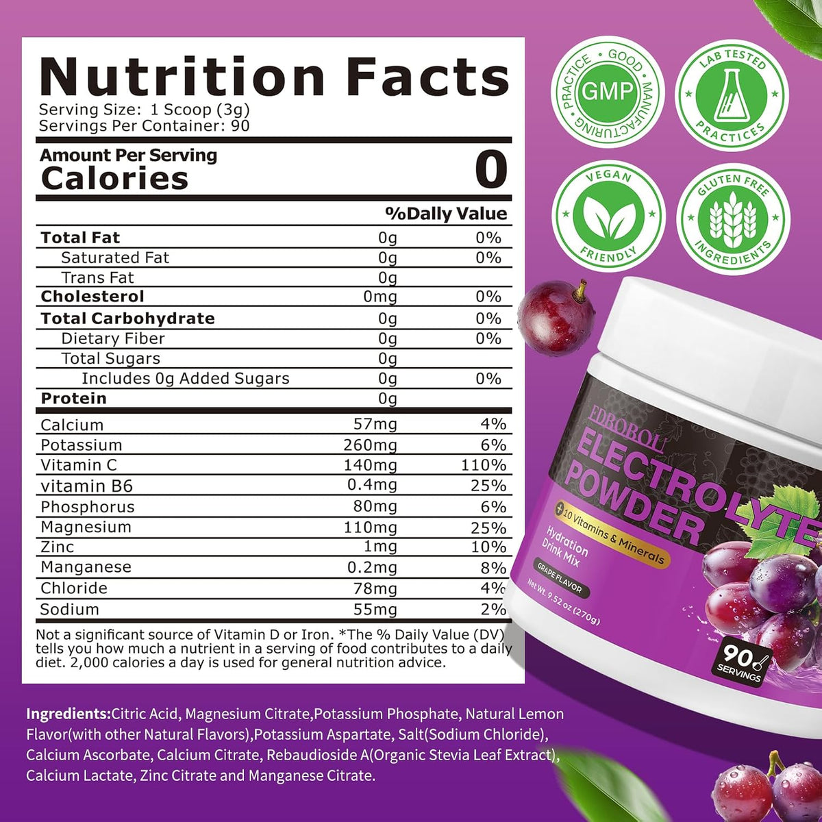 Sugar Free Electrolyte Powder Grape Flavor 90 Servings