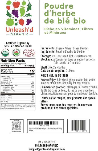 Unleash’d Organic Wheatgrass Powder 16 oz – 100% Pure Superfood, Rich in Vitamins, Fiber & Minerals for Immune Support & Wellness