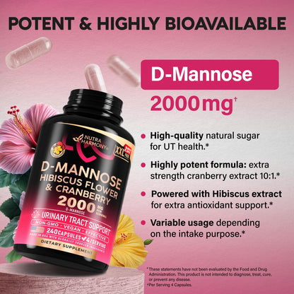 D-Mannose 2000mg with Cranberry & Hibiscus - Clinically Tested Strength for Urinary Tract Health - Supplement for Women - Bladder, Liver & Microflora Support - Lab Tested - Vegan, 120 Capsules
